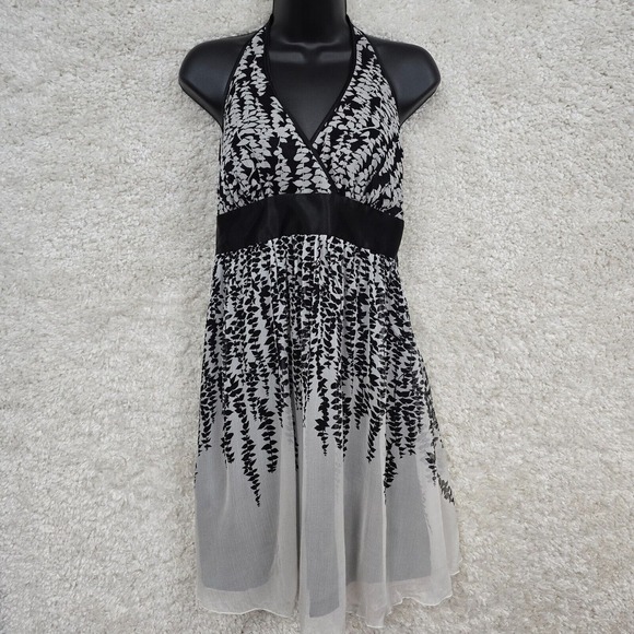 Express Dress Medium Black White Silk Mini Halter Babydoll Y2K Fairy Whimsigoth - Picture 1 of 16
